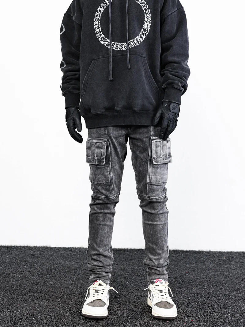 Side Pocket Denim Retro Jeans Mens Biker Zipper Jean Trousers Hip Hop Fashion High-street Slim Fit Pants Joggers Y2k Men’s Jeans