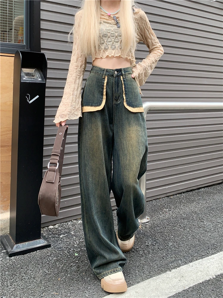 

Женские контрастные джинсы в стиле пэчворк с карманами, прямые повседневные брюки с высокой талией, уличные женские свободные джинсовые брюки с широкими штанинами