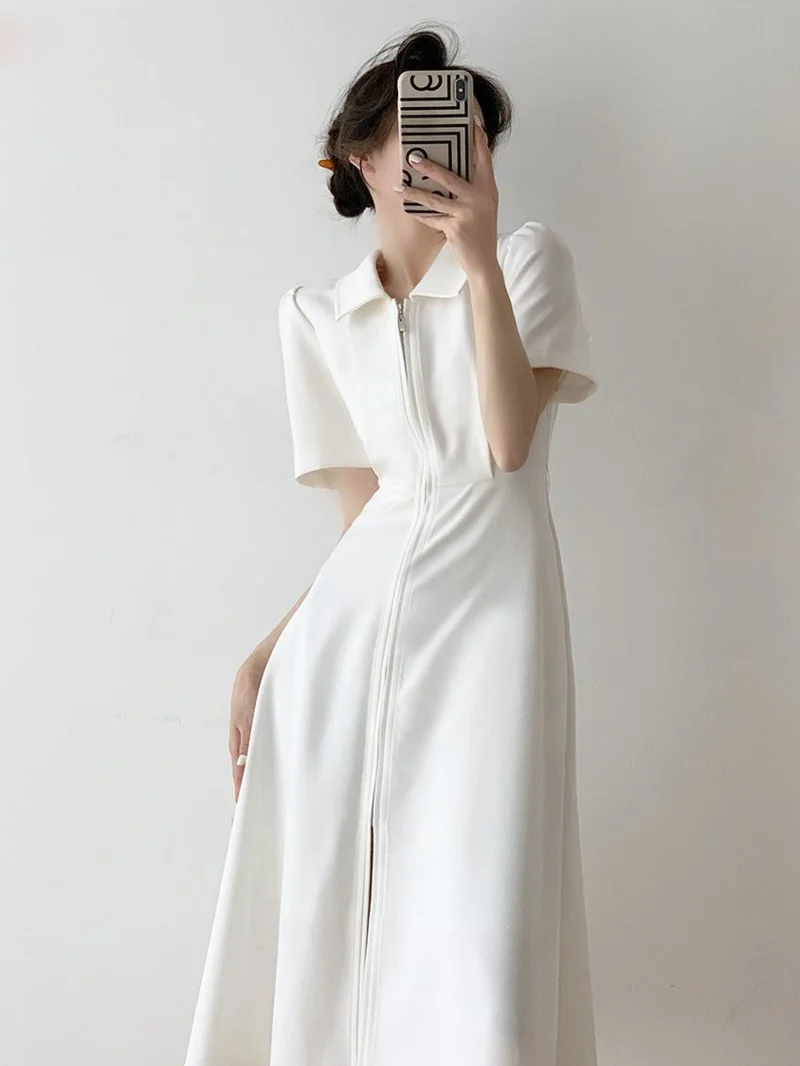 

2022 Women Summer Short Sleeve Long Midi Shirt Polo White Dress Elegant Dresses For Female Tunic Robe Rouge Kaftan