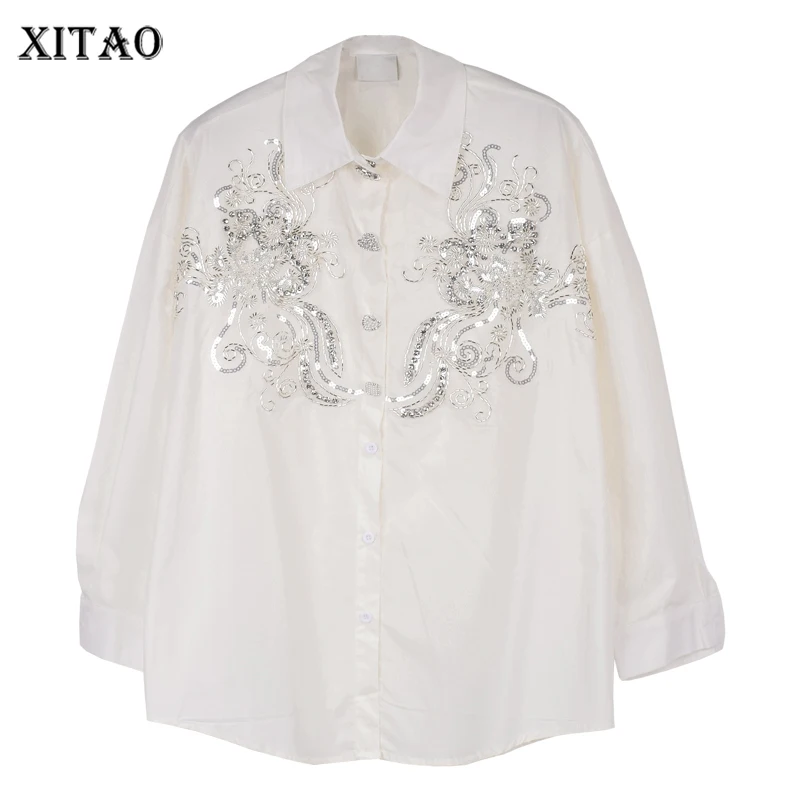 

XITAO, однотонные универсальные блузки, модные, лоскутные, с блестками, повседневные, с отложным воротником, однобортные, простые, для женщин, ...