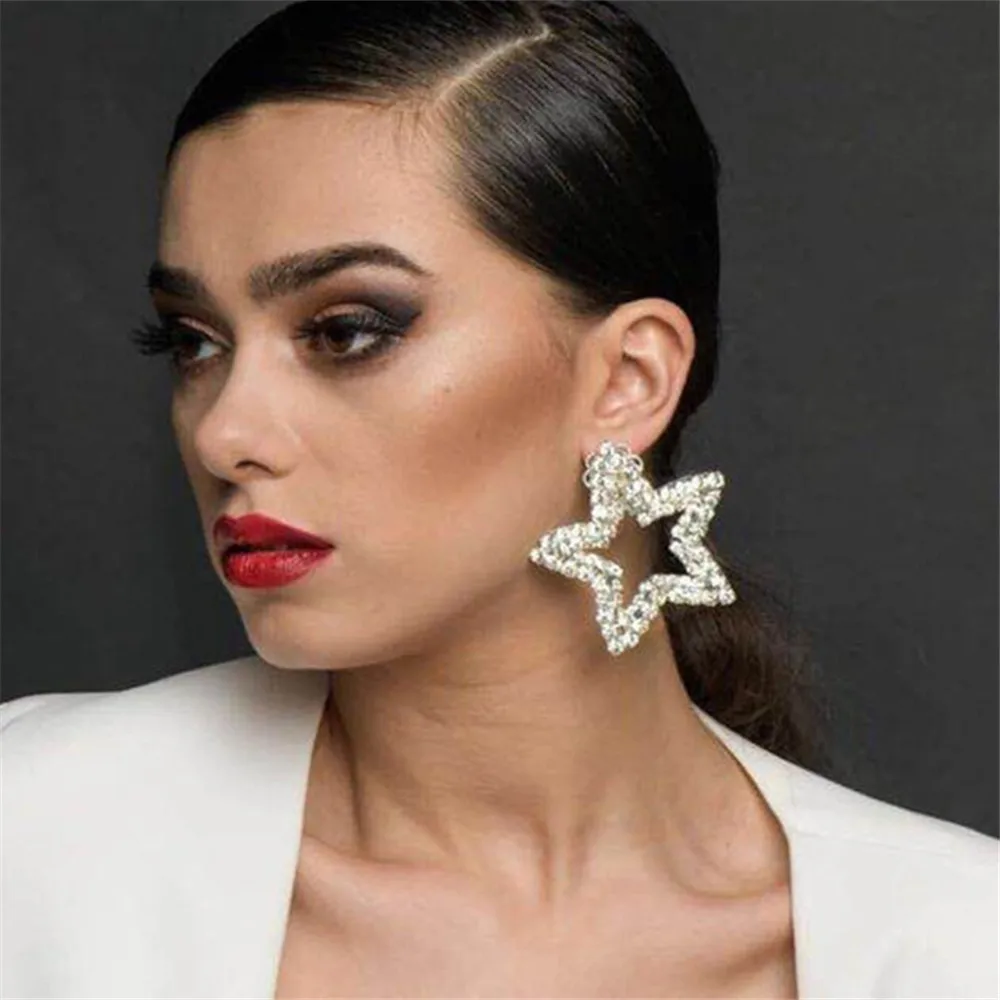 

Handmade Rhinestone Hollow Star Hoop Stud Earrings Statement Earrings Dinner Jewelry for Women Crtystal Geometric Drop Earrings