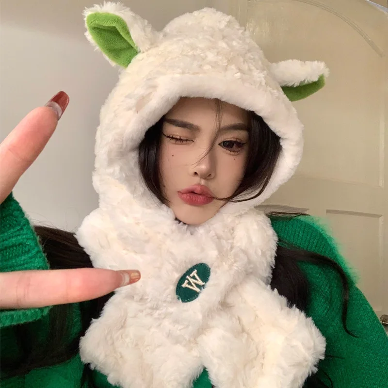 

2023 Cute Lamb Velvet Hat Woman Winter Warm And Cold Plush Hooded Scarf Female Kawaii Sheep Ear Protection Cotton Cap With Ears