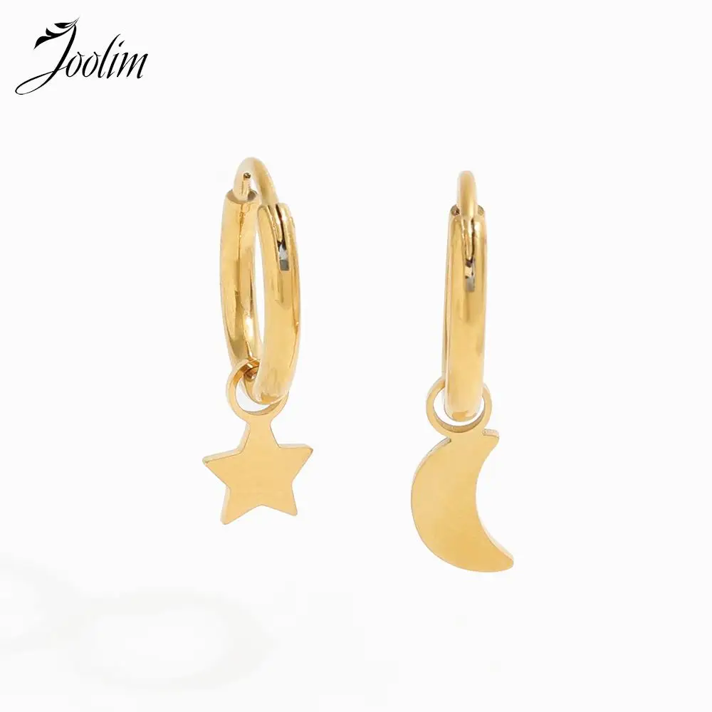 

Joolim Jewelry 18K PVD Plated Non Tarnish Fashion Creative Asymmetrical Moon Star Stainless Steel Huggie Earring for Women