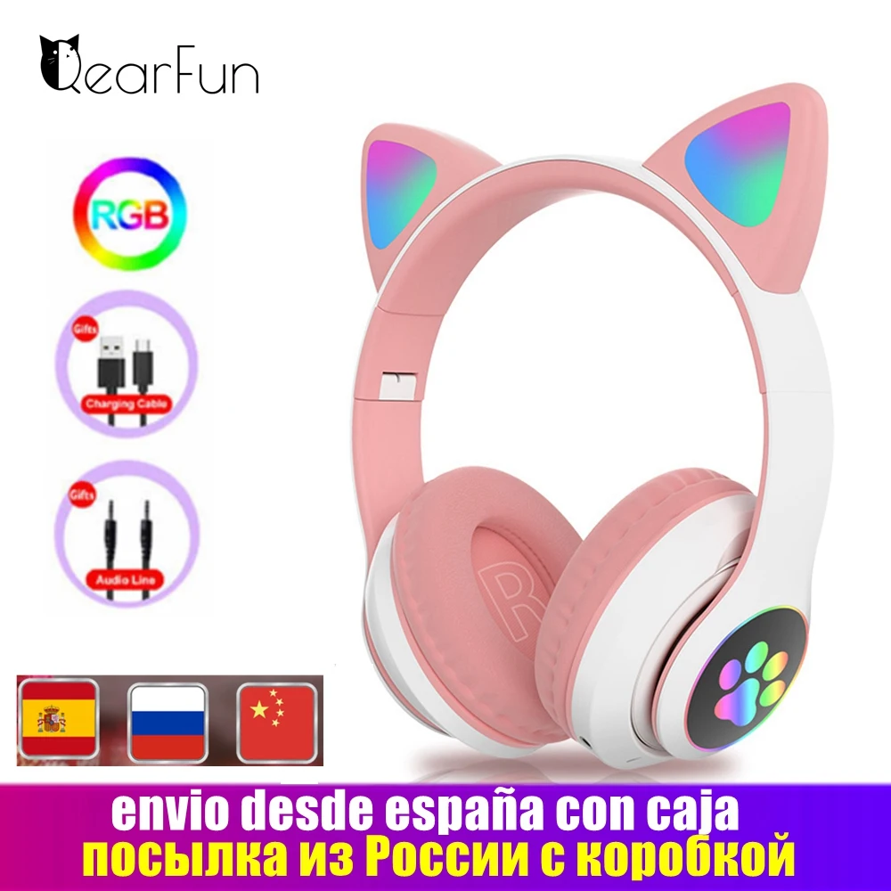 Flash Light Cute Cat Ear Headphones Wireless with Mic Can close LED Kids Girls Stereo Phone Music Bluetooth Headset Gamer Gift