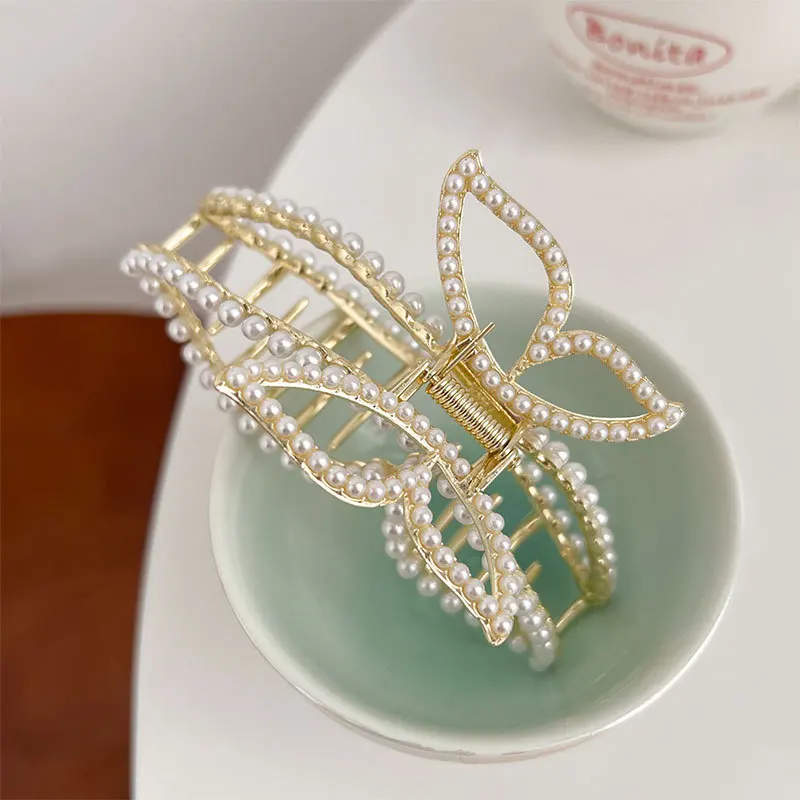 

Geometric Full Pearls Barrette Large Bow Pearl Hair Claw Clip Back Of The Head Big Hairpin Shark Clip Metal Grab Clip Hair Clip