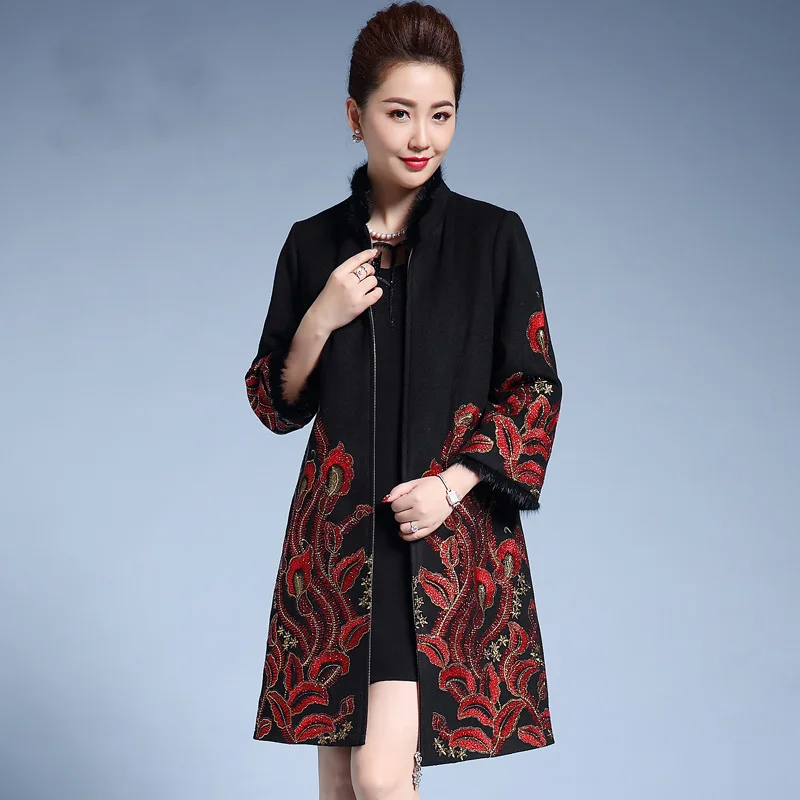 2023 New Female Jacquard Woolen Coat Women Ethnic Embroidery Cloak Hot Lining Thicken Warm Stand Collar Long Winter Coat M - 5XL