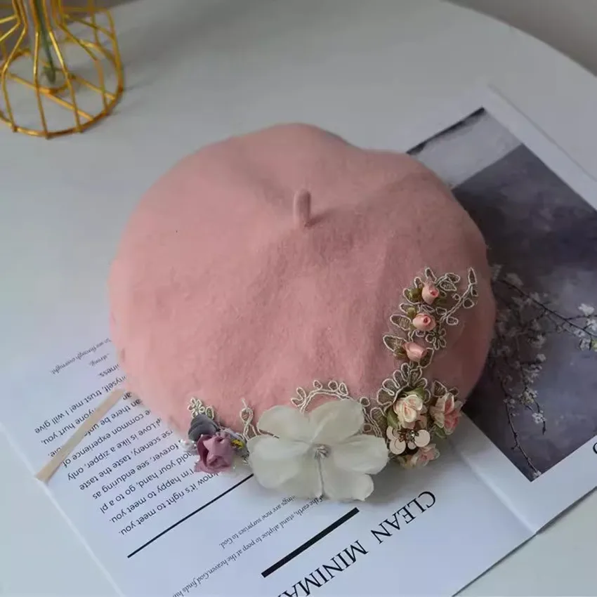 202411 -shi ins шикарный эксклюзивный дизайн шерстяной кружевной цветок женский берет