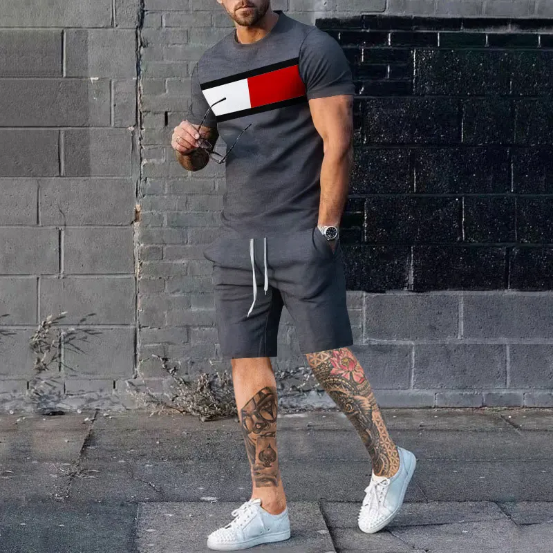 Men 2 Pieces Set Patchwork Streetwear Short-sleeve Fitness Homewear T-Shirt + Pant Outdoor Male Tracksuits Summer Casual Outfits