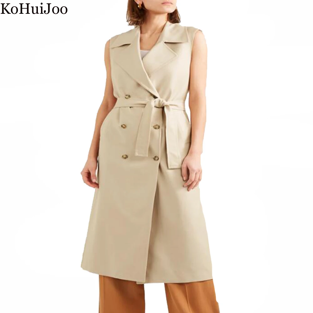 KoHuiJoo Sleeveless Vest Women 2022 High Quality Double Breasted Slim Long Vests Adjustable Waist Waistcoat Coat Woman Beige