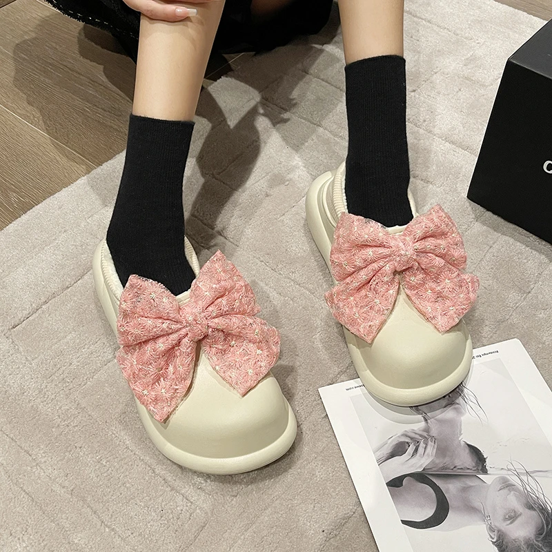 

Pmwrun Women 2022 Winter Popular Two-wear Thick-soled Plus Velvet Waterproof Warm and Comfortable Korean-style Bow Cotton Shoes