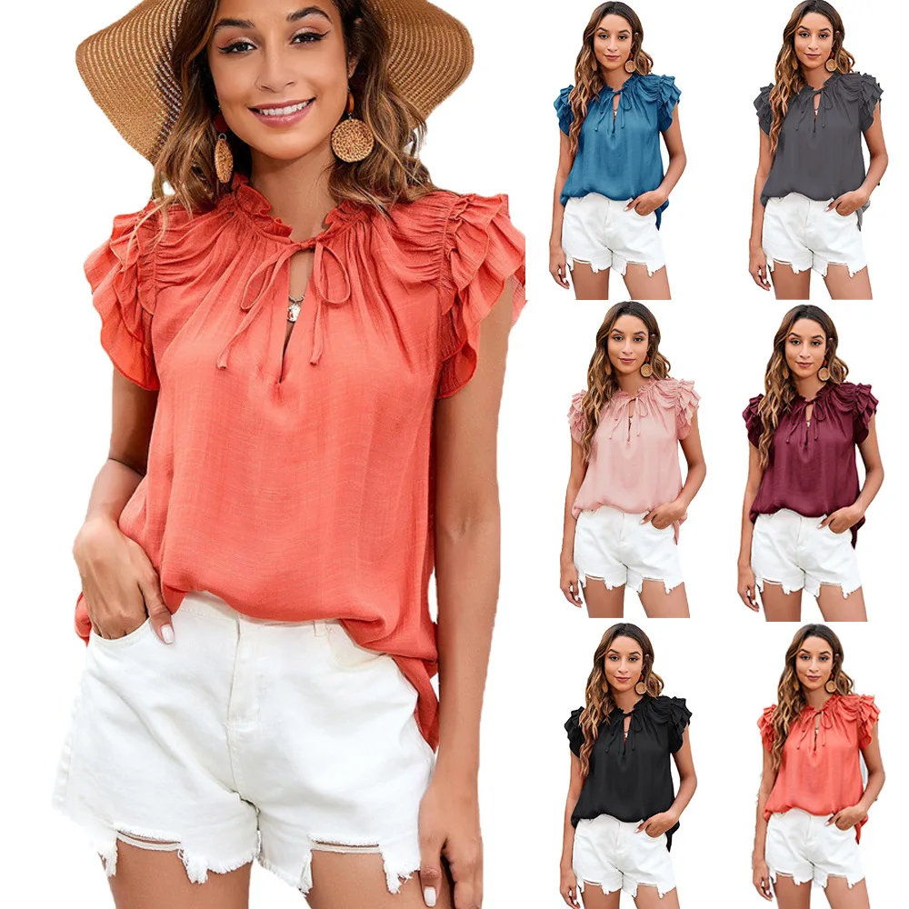 

Summer Women's Clothes 2022 New Casual Polyester Brazed Loose Solid Color Lotus Leaf Sleeve Top V-neck T-shirt