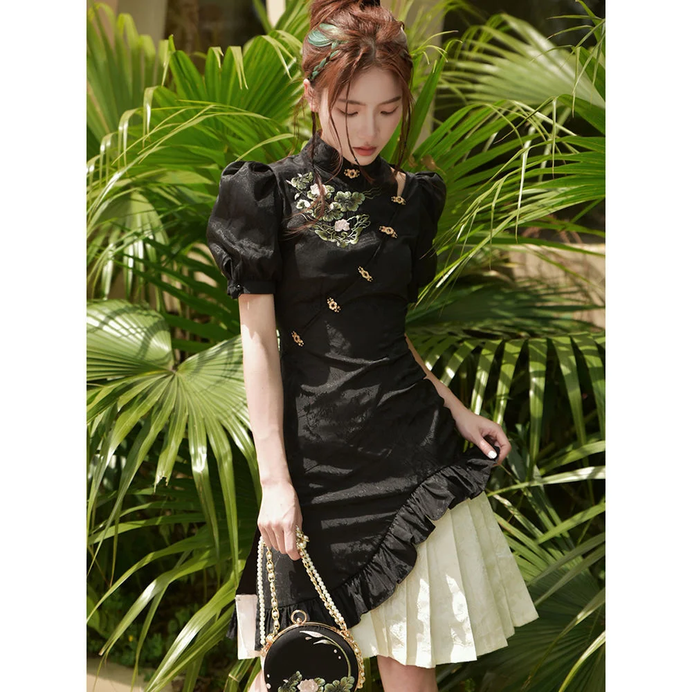 Двуслойное улучшенное платье Ципао с рукавами-фонариками новое приталенное в