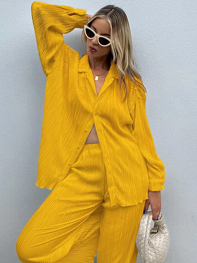 

Woman Outfits Casual 2022 Autumn Long Sleeve Blouse Shirts Pleated Wide-leg Pants Two Piece Set High Street Female Loose Suit