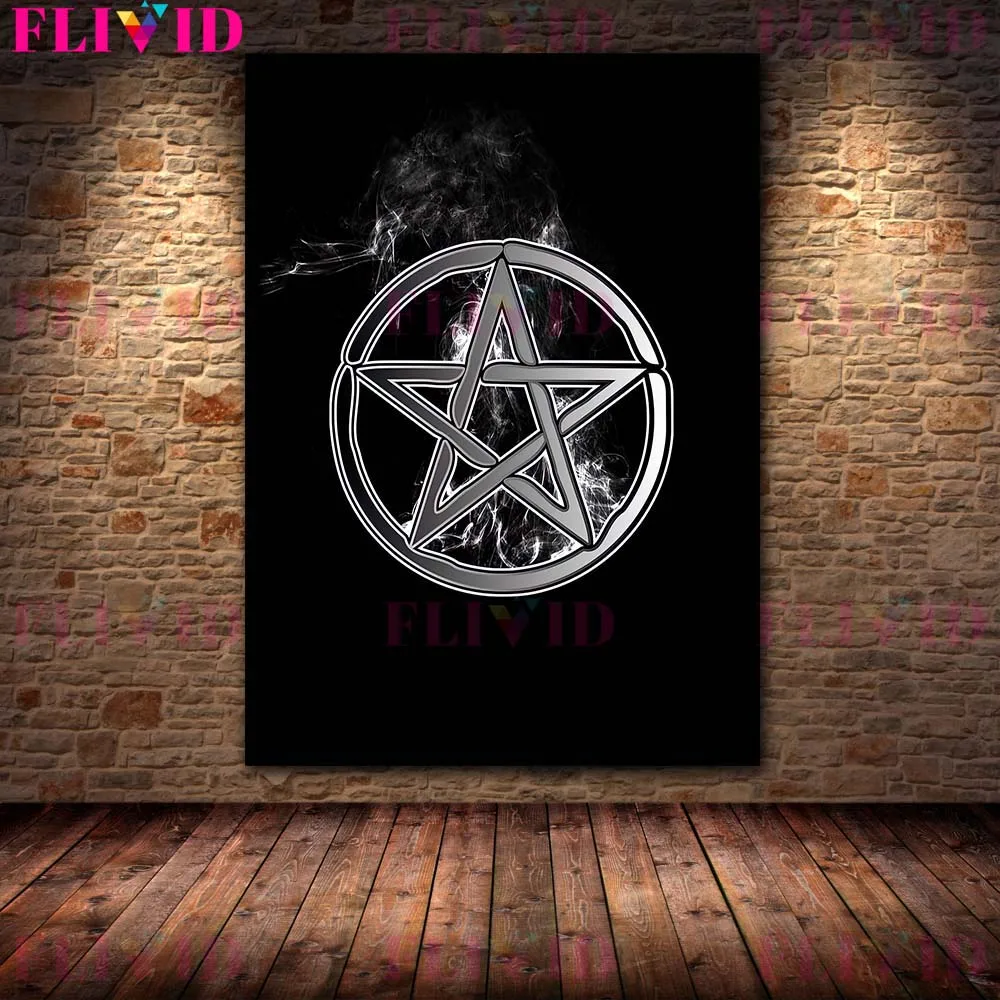 Ведьма шляпа и Луна символов черно-белая настенная Картина на холсте серая