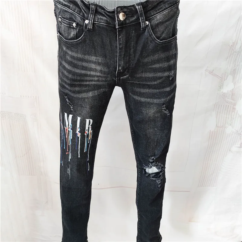 2022 High Street Men Alphabet Color Print Elastic Motorcycle Pants Hip Hop Jean Men Graphic Jeans Men Trousers Men Fashion