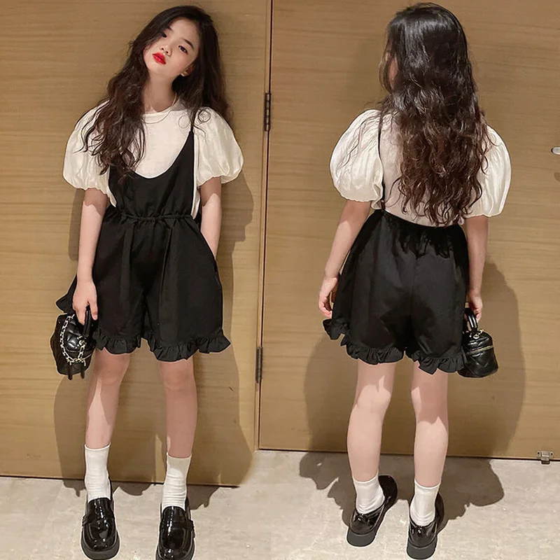 Детская одежда для девочек летняя рубашка с пышными рукавами и комбинезоны