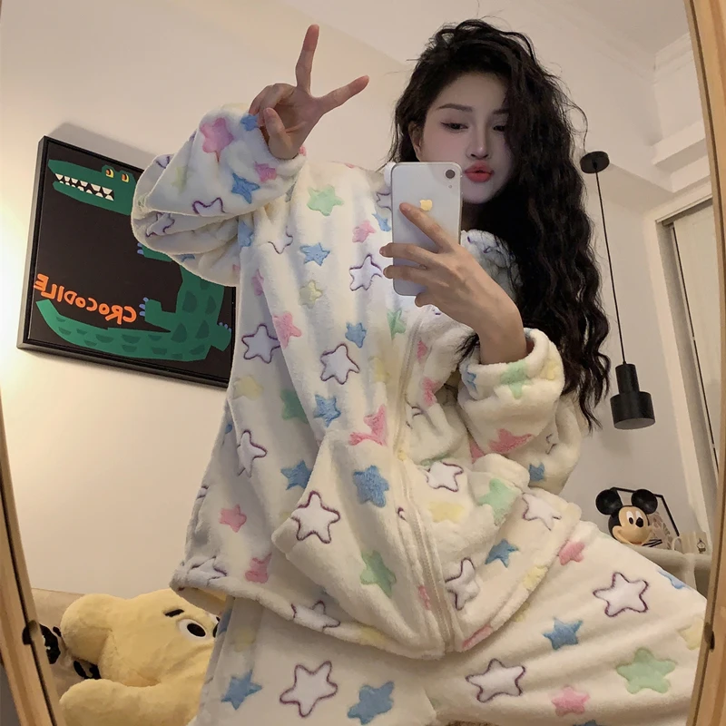 

Cute Rainbow Stars Coral Velvet Pajamas Winter Leisure Comfort Thickening Zipper Plush Sleepwear Kawaii Giris Household Clothes