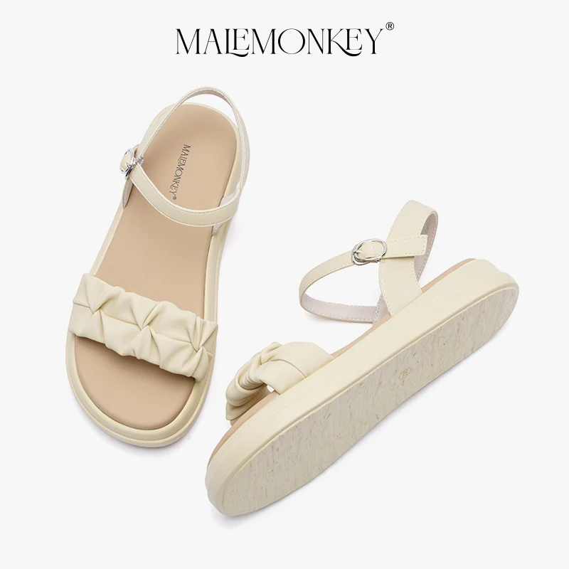 MALEMONKEY Luxury Sandals Women Platfrom 2023 New Summer Retro Non-slip Flats Sandals Round Toe Roman Female Shoes Handmade