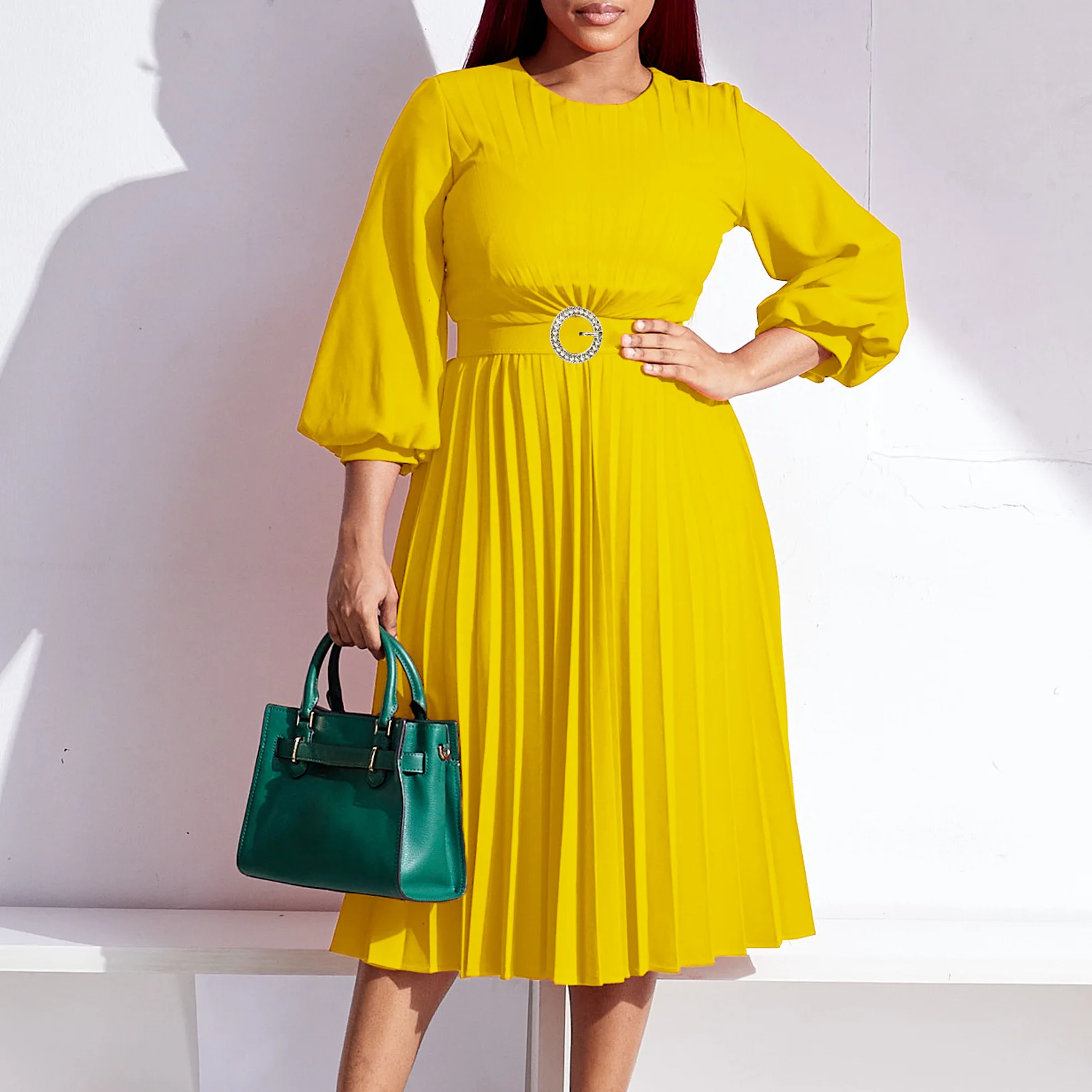 

Autumn Fashion Pleated Dress Women Elegant Office Ladies Solid Lantern Sleeve Belt Pleated A-line Dress Women