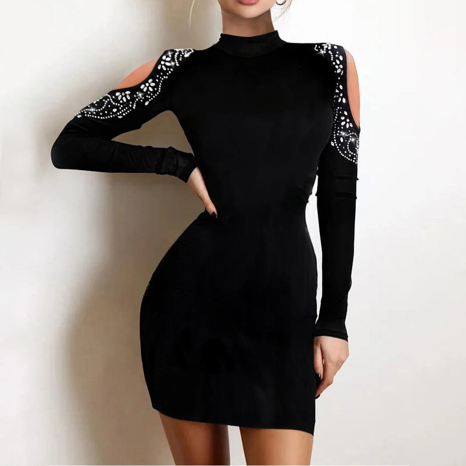 

Party Dress Skinny Rhinestone Chain Pattern Cold Shoulder Bodycon Dress Ladies Wedding Guest Dresses Elegant Fall Outfits Women