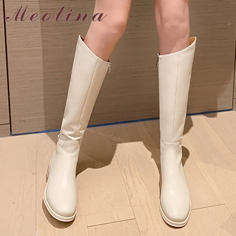 

Meotina Women Genuine Leather Knee High Riding Boots Round Toe Flat Zipper Ladies Fashion Long Boot Autumn Winter Shoes Apricot