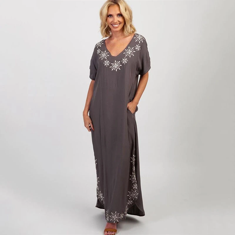 

Floral Embroidery V Neck-Line Kaftan Maxi Dress Loose Fit Holiday Resortwear Simple Chic Caftan Beach Party Cover Up