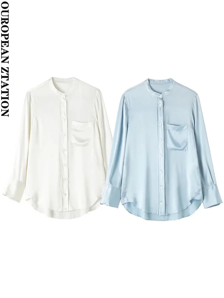 

PAILETE Women 2022 fashion with patch pocket silk blouses vintage long sleeve button-up female shirts chic tops