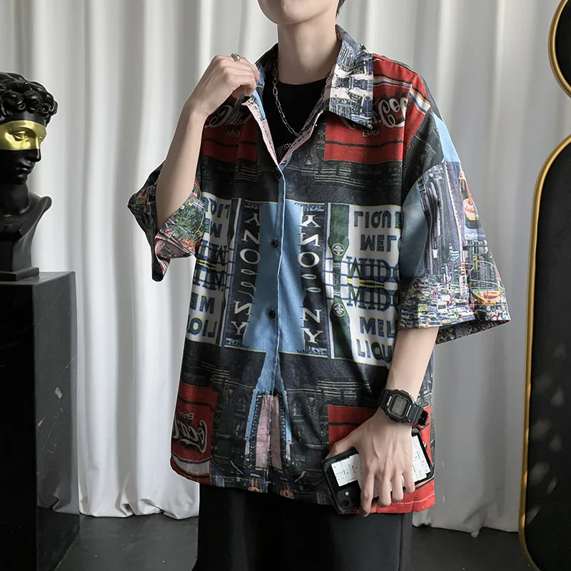 Tie dyed short sleeved shirt men's Style cross-border leisure ruffian handsome flower personality trend summer thin coat