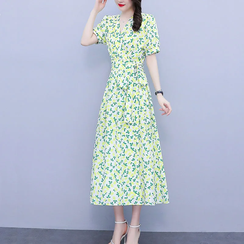 

Elegant Lady Autumn Long Dresses Woman 3xl 4xl Maxi Summer Women's Dress Chiffon Printed Floral Slimming Waist Belt Calf Length