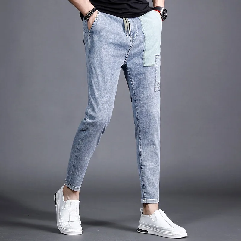 Summer Jeans Men Light Blue Elastic Waist Pants Streetwear Fashion Patchwork Drawstring Denim Trousers