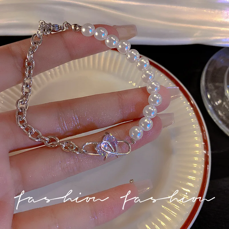 

2023 New Trending Kpop Heart Zircon Spliced Bracelet Luxury Adjustable Pearl Bracelet for Women Fashion Dainty Jewelry Gift