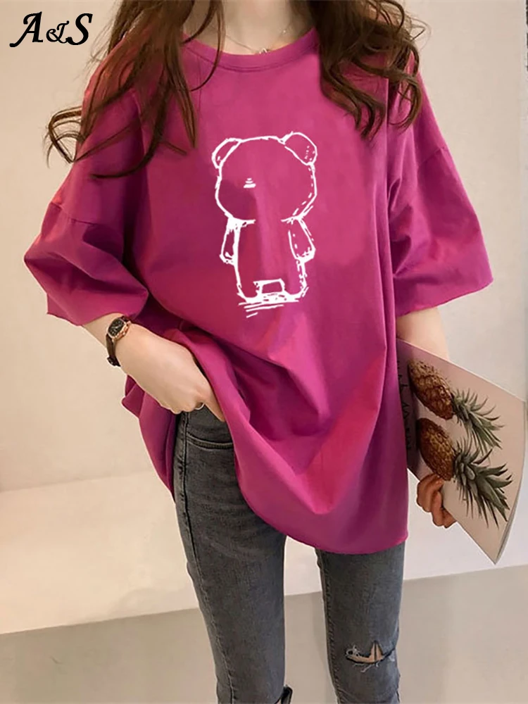 

Korean Style Female T-shirt Cartoon Printed Casual O-neck Oversized T Shirt Women Tops Harajuku Simple Basic Tee Shirt Feminina