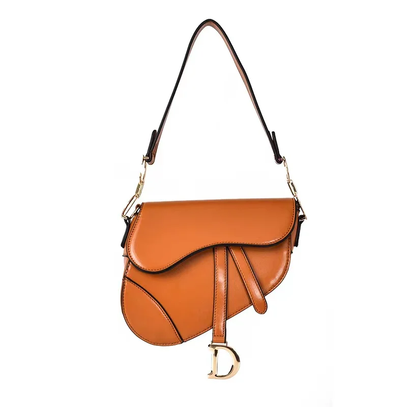 

2022 New Designer PU Leather Saddle Bag for Woman Luxury Fashion Female Shoulder Wide Strap Messenger Cross Body Handbag Purse
