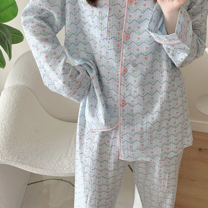 2 Piece Women Set Spring Autumn Long Sleeve Pajamas for Woman Cotton Fashion Sleepwear Flowers Floral Print Sweet Pajama Set