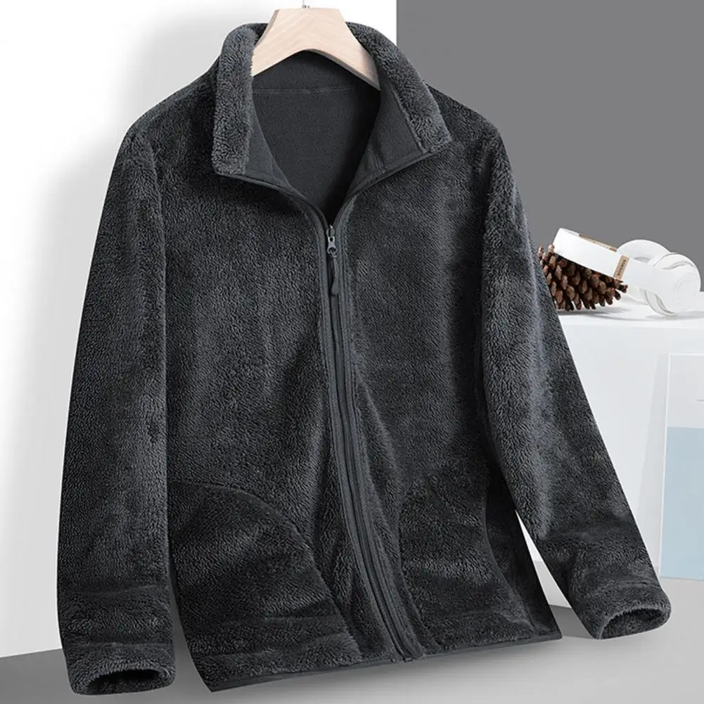 

Men Jacket Autumn Winter Double-Sided Wear Fleece Jacket Lapel Long Sleeve Zipper Placket Thickened Cardigan Jacket