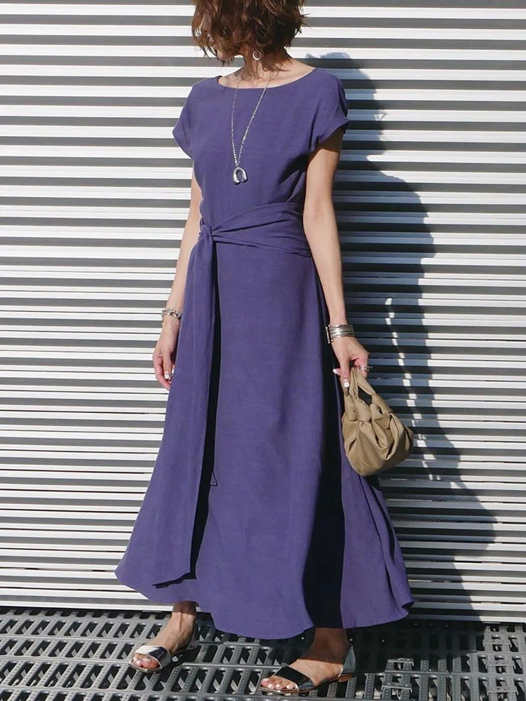 

Fashionable Sexy Big Swing Dress 2022 Spring and Summer Lace Up Waist Slimming Backless Purple Women's Long Dress Ankle-Length