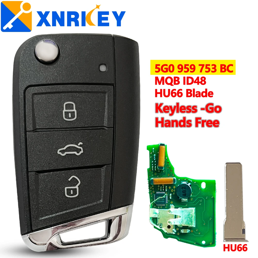 

XNRKEY 3 Button Car Smart Flip Remote Key ID48 Chip 433Mhz for VW Skoda MQB VII Golf MK7 2017 Touran Polo Tiguan Smart Flip Key