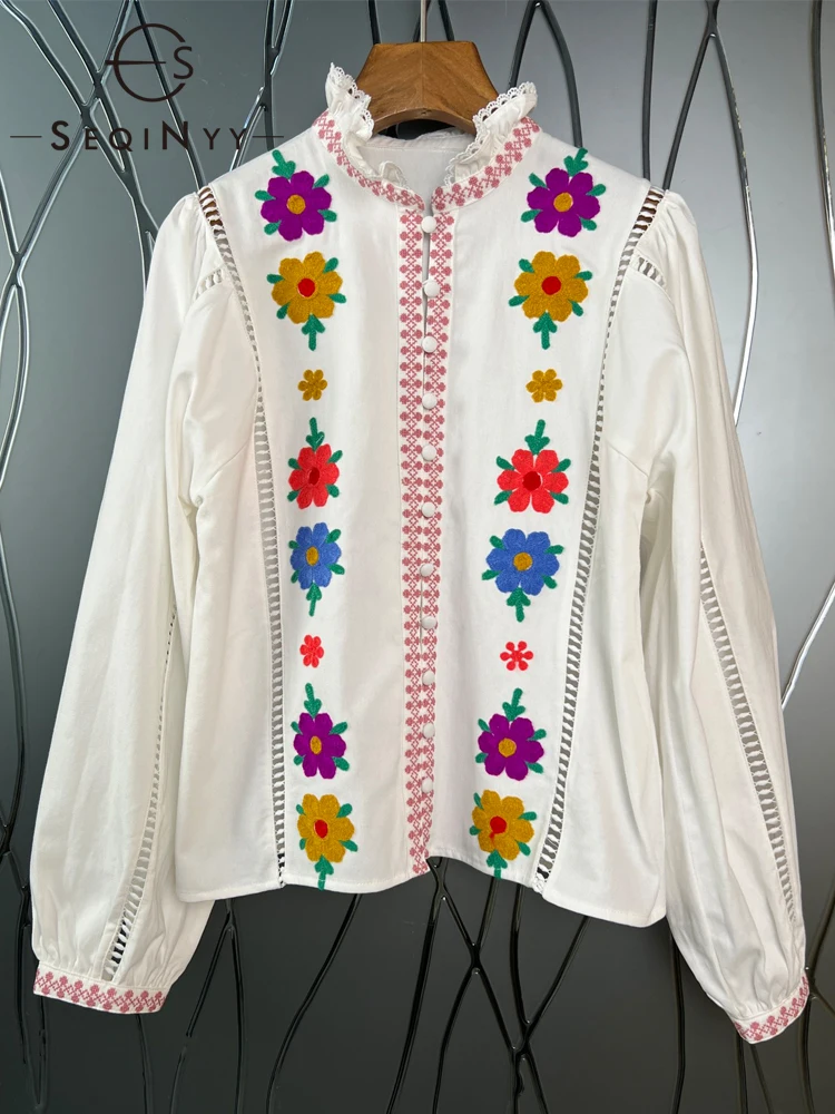 

SEQINYY White Blouse Summer Spring New Fashion Design Women Runway High Street Vintage Flower Embroidery Bohemian Loose Top
