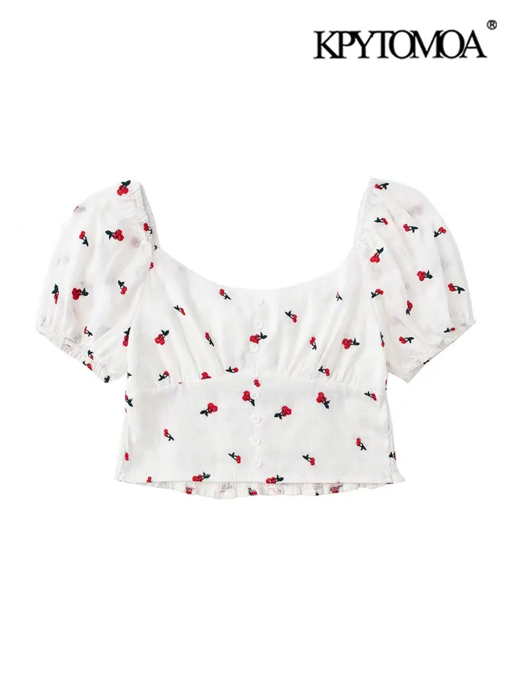 

KPYTOMOA Women Fashion With Cherry Embroidery Cropped Blouses Vintage Short Sleeve Back Elastic Female Shirts Blusas Chic Tops