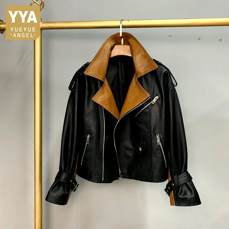 

Coat Designer Biker Sheepskin Slim Women Office Mixed Colors Zipper Real Leather Jacket Fashion Full Sleeve Short Outerwear