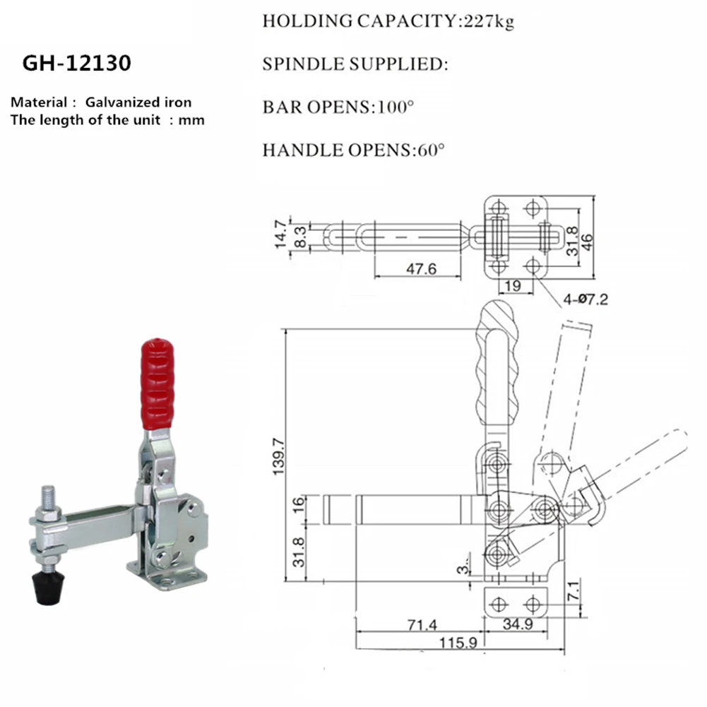 

GH-12130 227KG 500lbs Toggle Clamp Quick Release Toggle Clamp Fixture Vertical/Horizontal Type Clamps Woodworking Hand Tool
