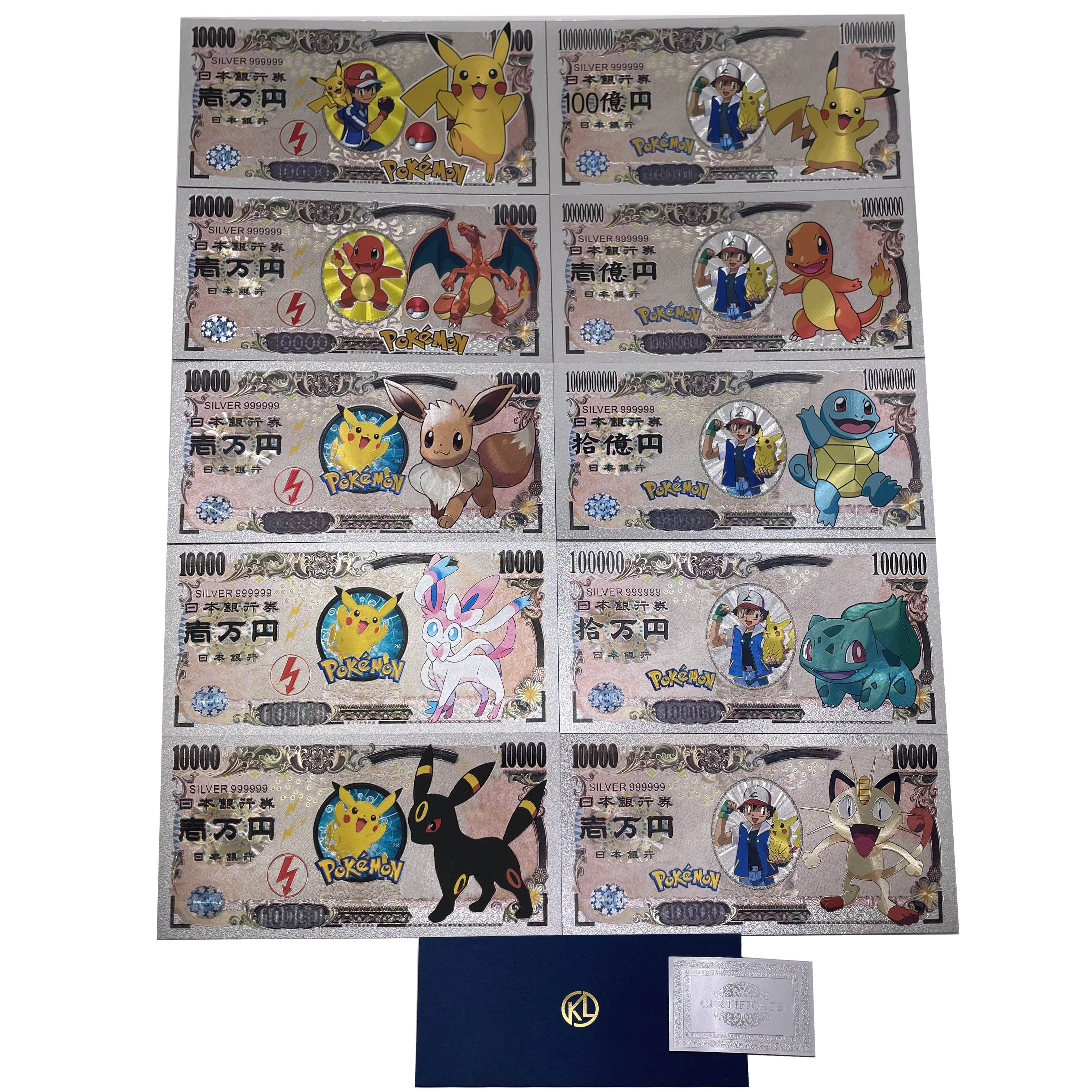 New 10types Pokeman Silver foil cards Pocket monster toy game tickets Anime Battle Trainer Card Hot sale