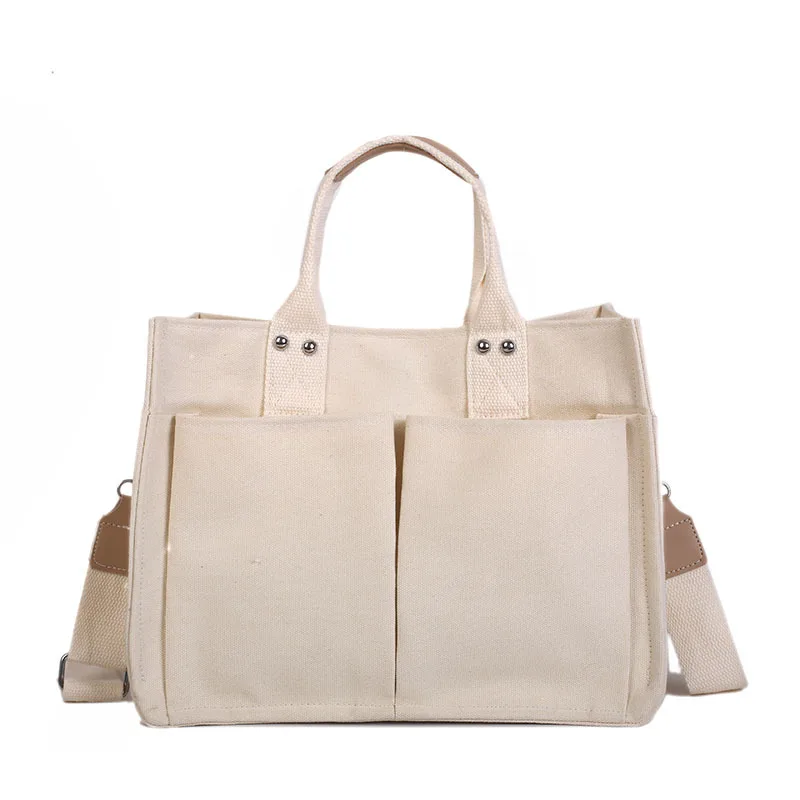 

Korean Women's Large Bag Solid Color Capacity Casual Canvas Shoulder Bag Multi-pocket Practical Hand-held Messenger Bag