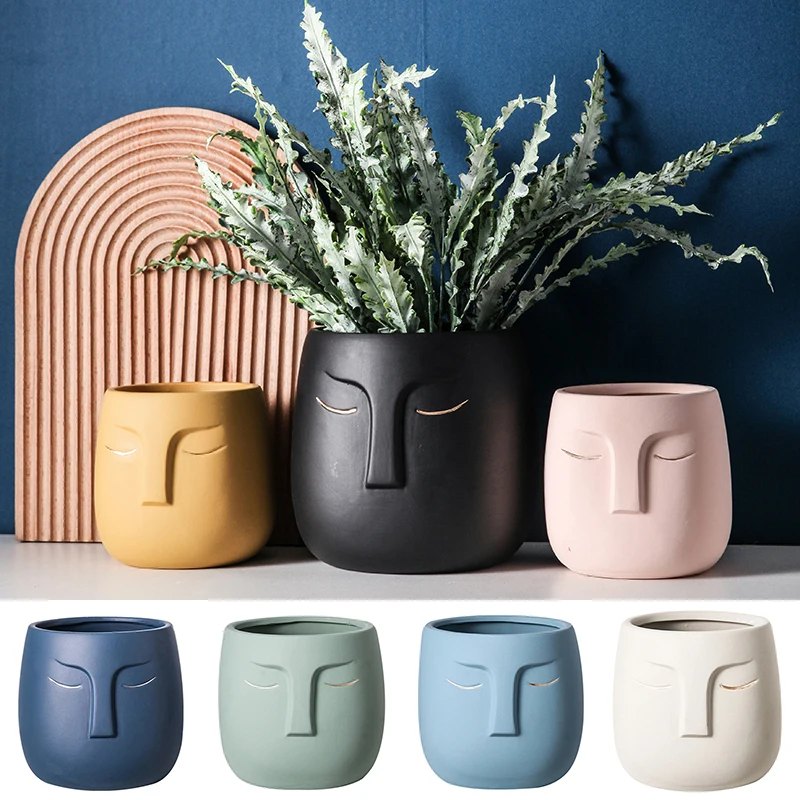 

Цветочный горшок, керамическая ваза с изображением головы лица, кактус, растение в горшке, настольные украшения, цветочный горшок с абстрак...