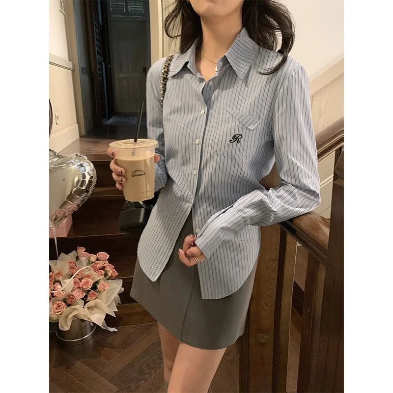 

Fashion Long Sleeve Vintage Harajuku Striped Shirts New Aesthetic Clothes Women Chic Slim Blouse Korean Fashion
