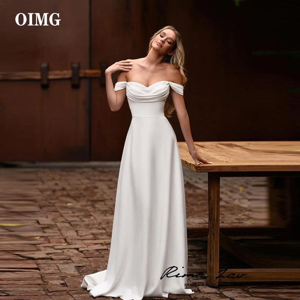 Купи OIMG Vintage A Line Chiffon Satin Wedding Dresses Beach Off the Shoulder Sweetheart Floor Length Corset Bridal Gowns Plus Size за 4,661 рублей в магазине AliExpress