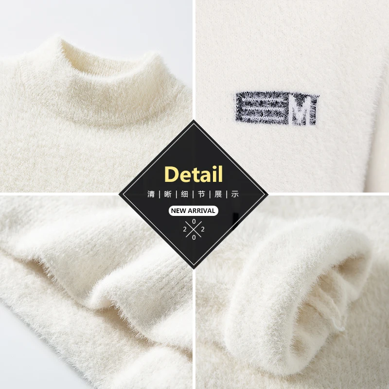 Mink Cashmere Men's Half-turtleneck Embroidered Sweater Autumn/winter Thickened Cashmere Jumper for Teenagers Thermal Underwear