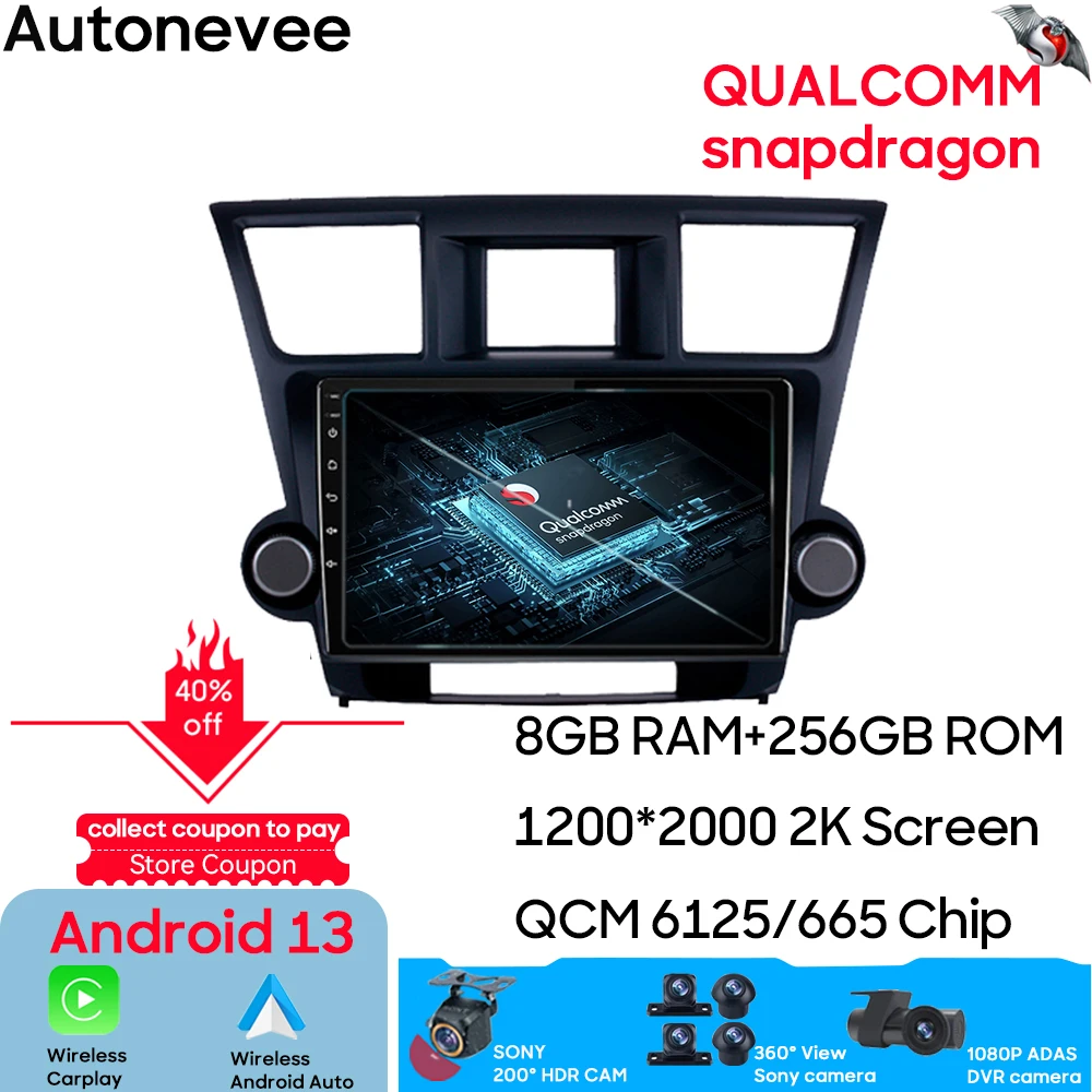 

Qualcomm For Toyota Highlander 2007 - 2013 Android Auto Car Radio Multimedia Video Player GPS Navigation Carplay Rear camera 4G