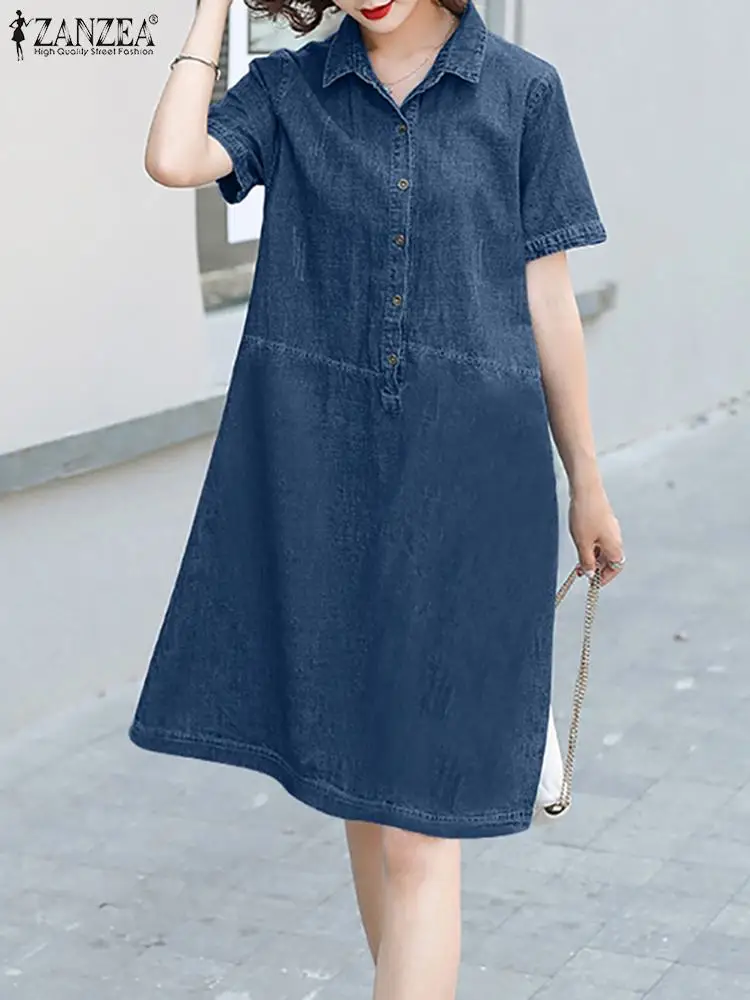 

Платье-рубашка ZANZEA женское джинсовое ТРАПЕЦИЕВИДНОЕ, Модный Однотонный сарафан с коротким рукавом, синее, на лето, 2023