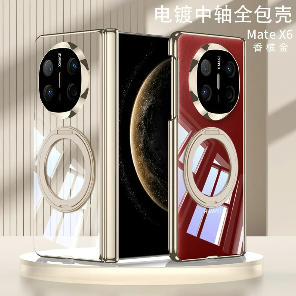 Фото Чехол для Huawei Mate X6 Magsafe с гальваническим покрытием, прозрачный магнитный вращающийся кольцевой держатель, складной шарнир с крышкой из закаленной пленки №1